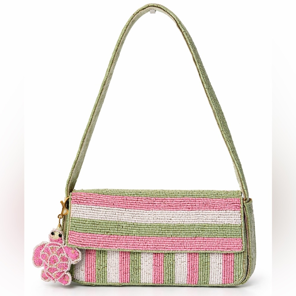 Beaded Stripe Turtle Shoulder Bag in Pink, Green & White
